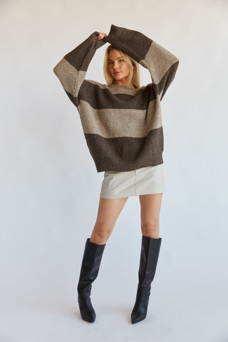 cozy brown striped sweater - oversized neutral sweater - knit tops for autumn