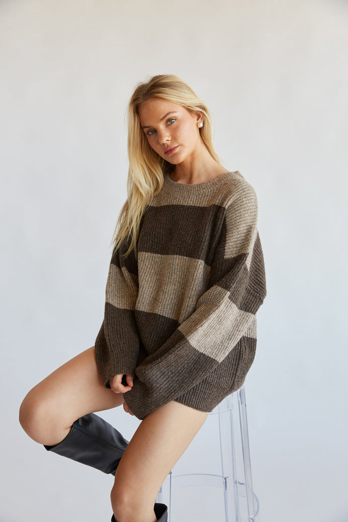 brown striped sweater - cozy fall knit - chunky sweater for autumn