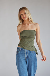 green tube top with side ruching and asymmetrical hem | olive tops for spring