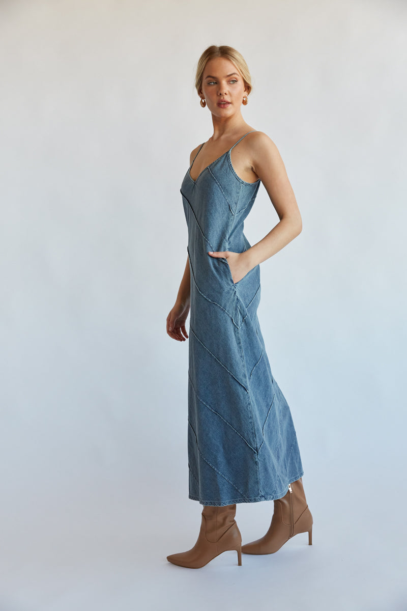 denim maxi dress with pockets - teacher outfits 2023-teacher boutique 