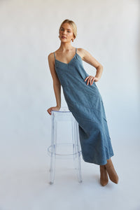 spaghetti strap blue denim maxi dress with diagonal panelling pattern -  western modest maxi dress