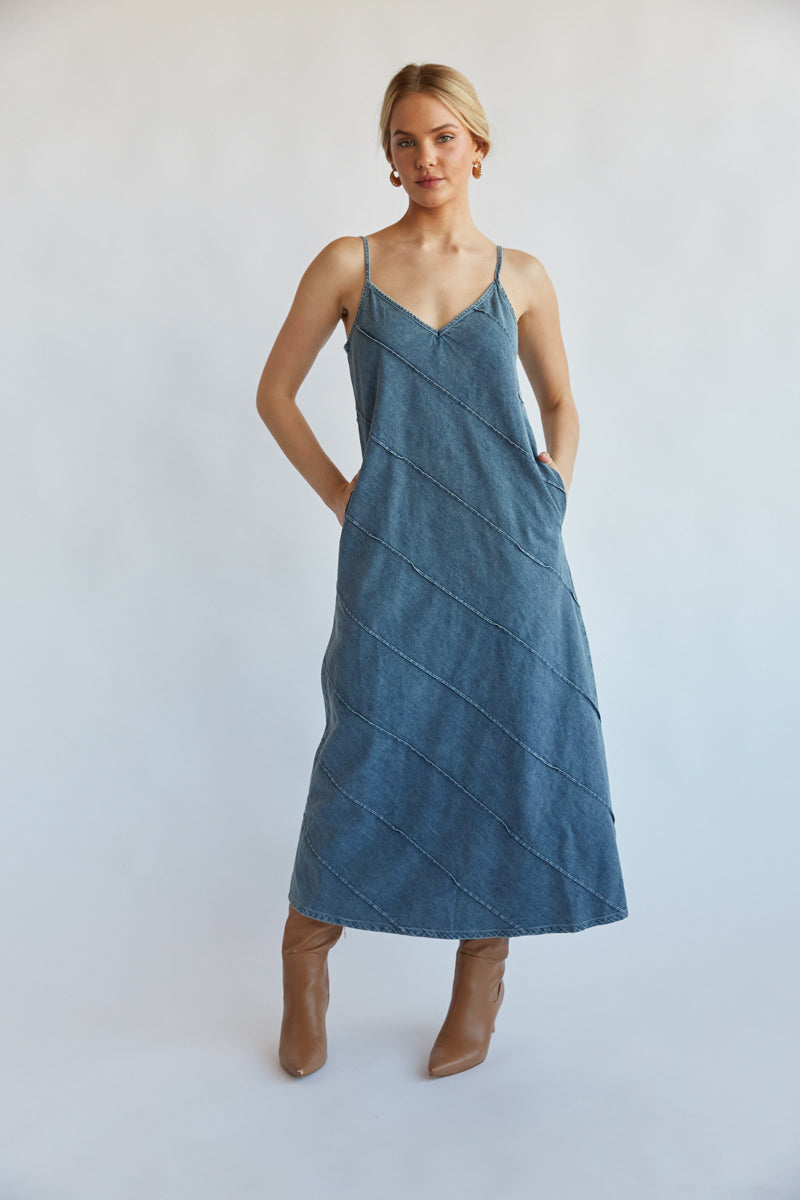 denim blue jean diagonal paneling maxi dress - modest maxi dresses -