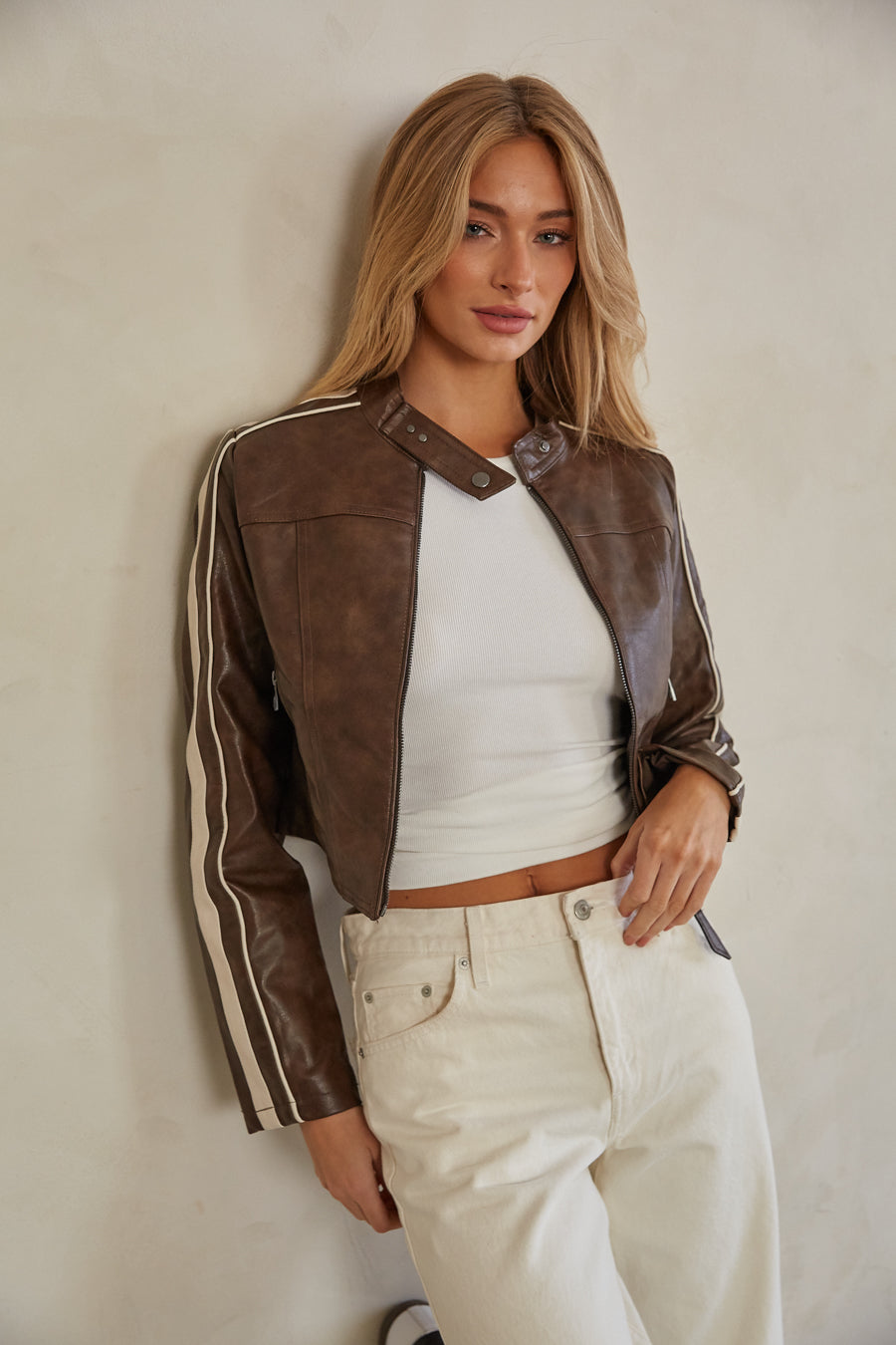 front-image | stylish brown leather jacket | cropped jacket | party jacket | football game jacket | sporty brown jacket