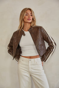 front-image | warm leather jacket | zip up leather jacket | versatile leather jacket | edgy leather jacket | chic leather jacket