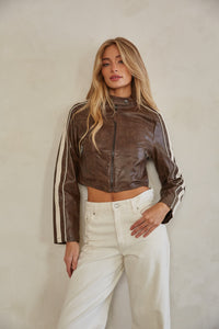 brown-image | front-image | espresso brown are striped faux leather zip up cropped jacket with bronze hardware and button top closure | sporty jacket | brown jacket | leather jacket
