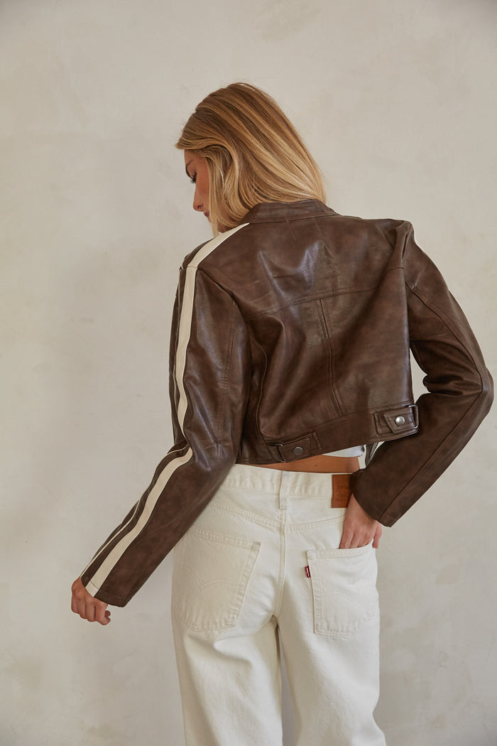 back-image | bronze hardware jacket | cropped leather jacket | brown leather jacket | striped jacket | trendy leather jacket