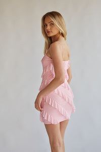 back view baby pink mini dress with asymmetrical ruffles | pink rush dress