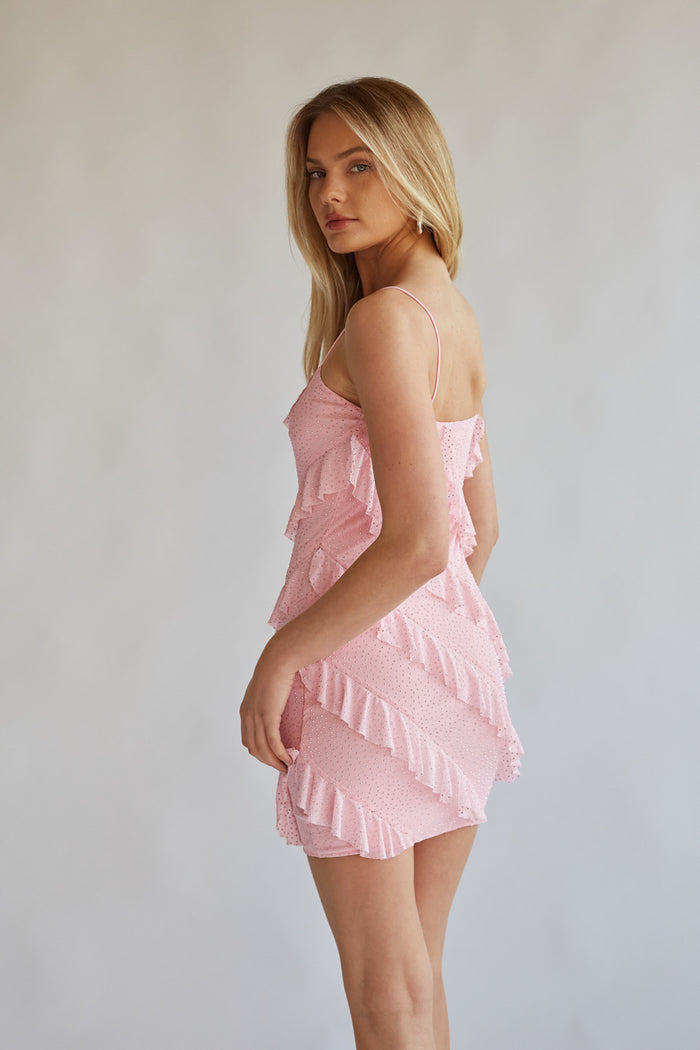 back view baby pink mini dress with asymmetrical ruffles | pink rush dress