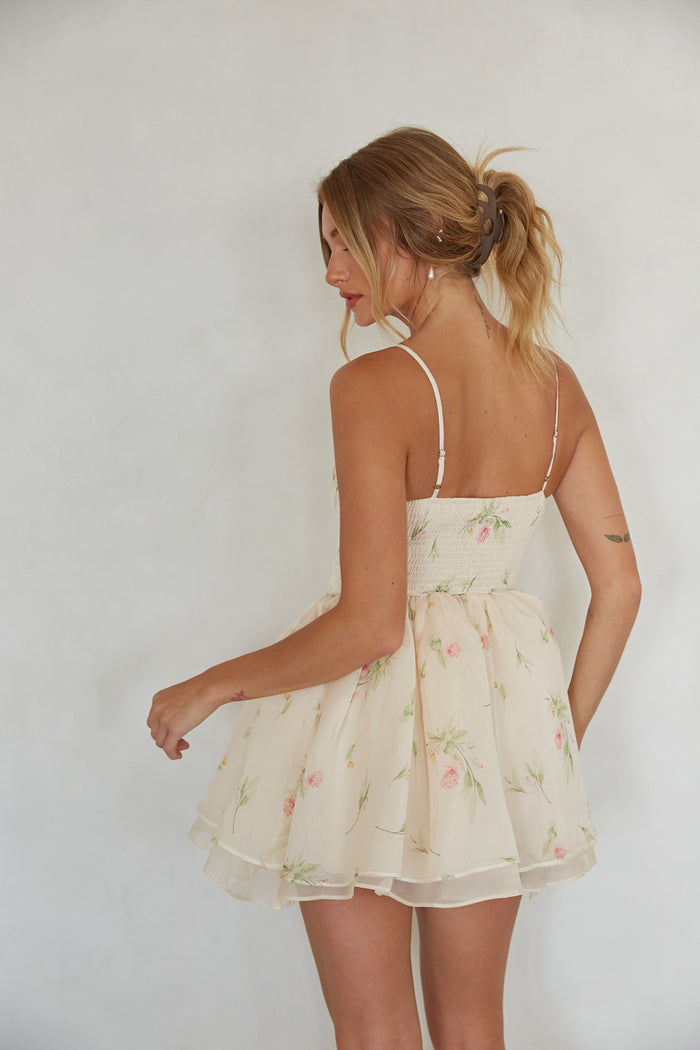 back view | vream floral bustier fit and flare mini dress | love shack fancy mini dress dupe