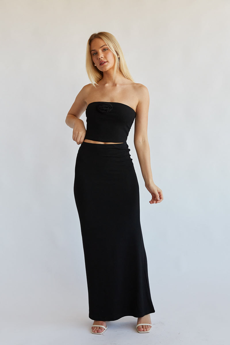 simple long maxi pencil skirt - rosette ruffle strapless tube top with matching skirt