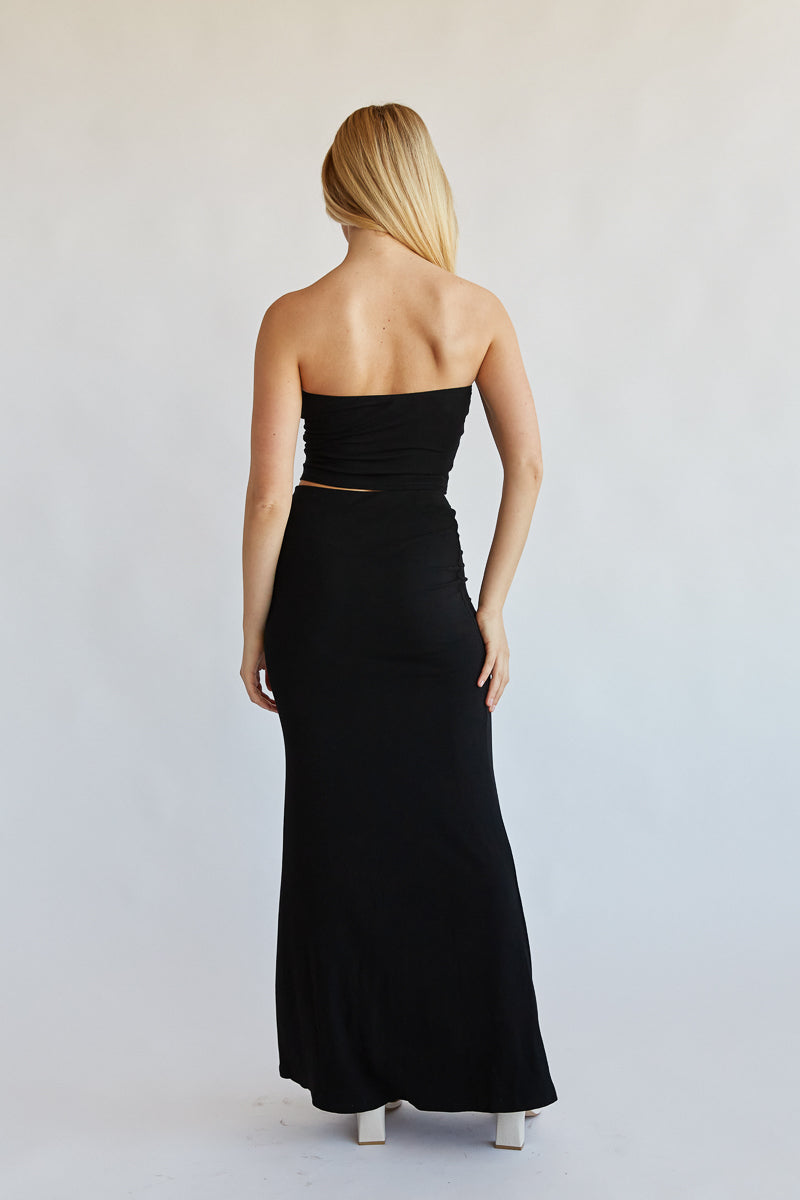 midnight black matching set with rosette embellished tube top and maxi skirt - black matching set