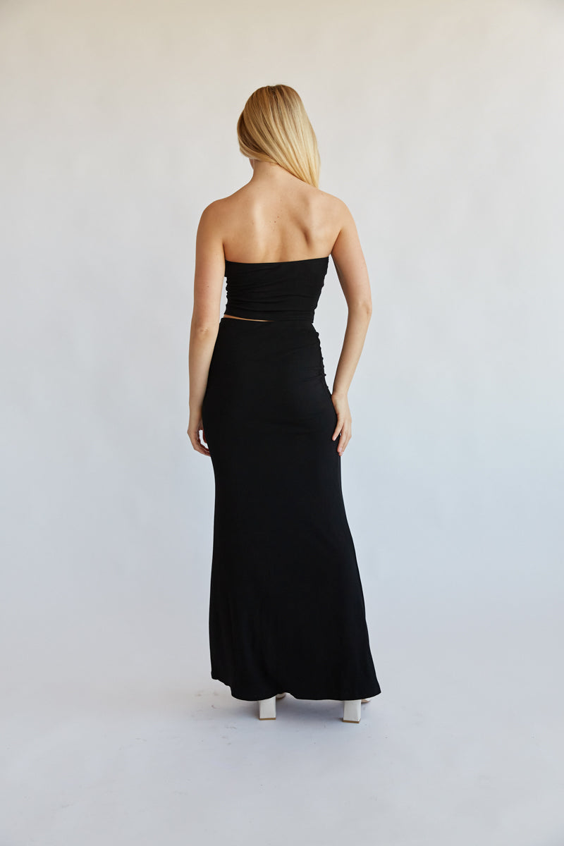 black strapless cropped tube tank top with rose ruffle detailing in front - matching black rose set