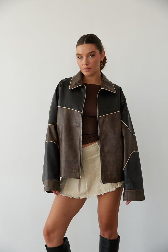 open front  view | black and brown color block faux leather bomber jacket | fall must have