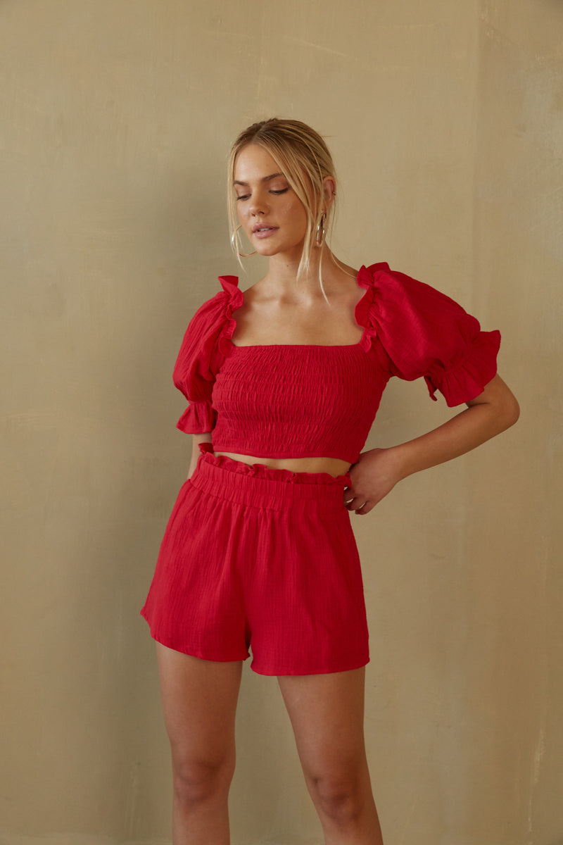 red cotton high waisted short and matching crop top