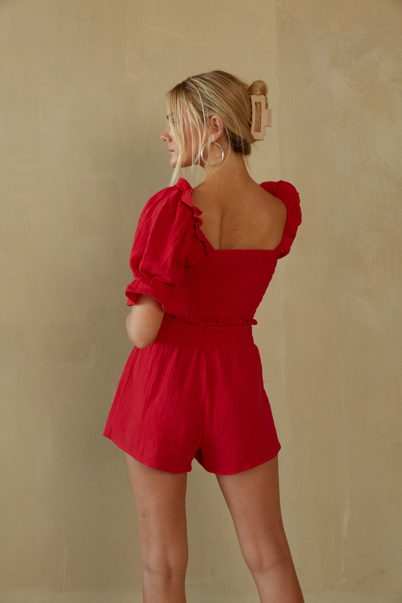 ruby red high waisted shorts and puff sleeve crop top