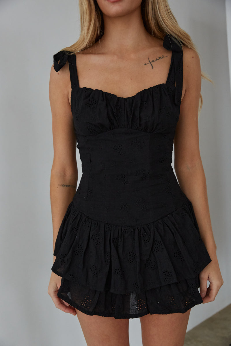 black lace romper - mini dress with bow tie straps - sorority rush outfit
