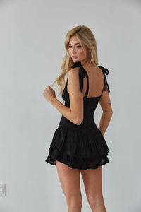 black lace romper with bow tie straps - sorority rush - summer outfit inspo