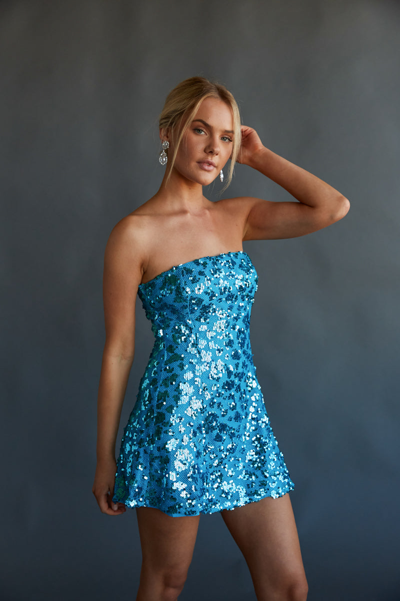 cheetah print hoco dress - junior high dance dress - homecoming dance dress - aqua blue sequin dress