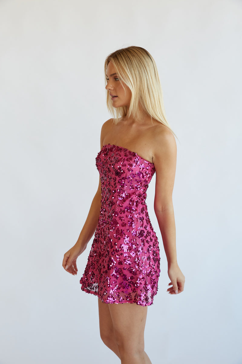 fuchsia strapless cheetah print sequin mini homecoming dress