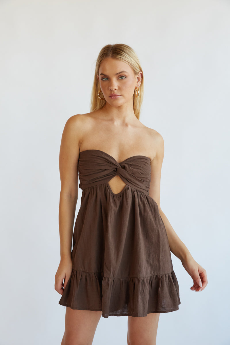 strapless brown twist front open back mini dress romper - brown game day dress