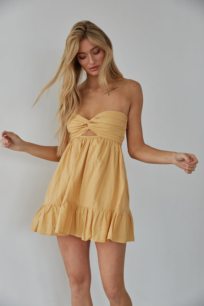 yellow twist front romper - honey strapless keyhole mini dress - beach day outfit inspo