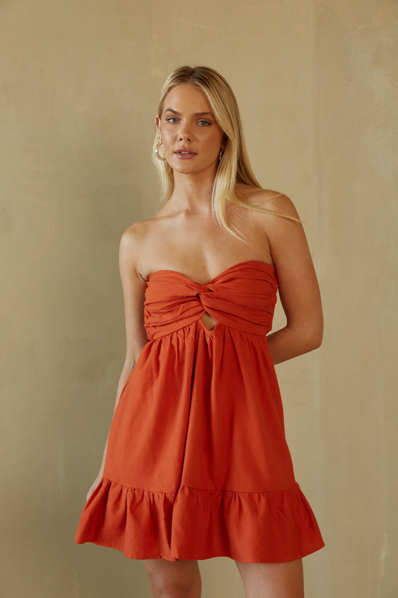 burnt orange linen twist front mini dress - UT game day dress - texas longhorns dress