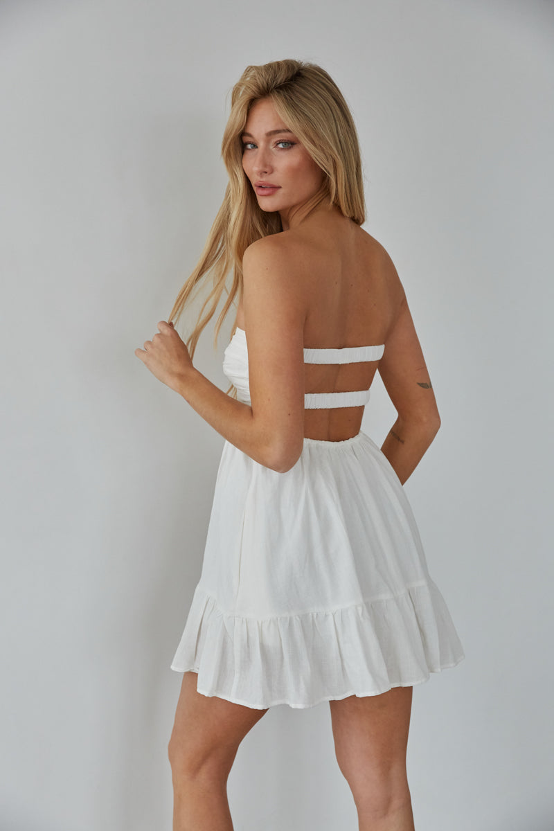 white open back romper - strapless open back mini dress - summer vacation outfit inspo 