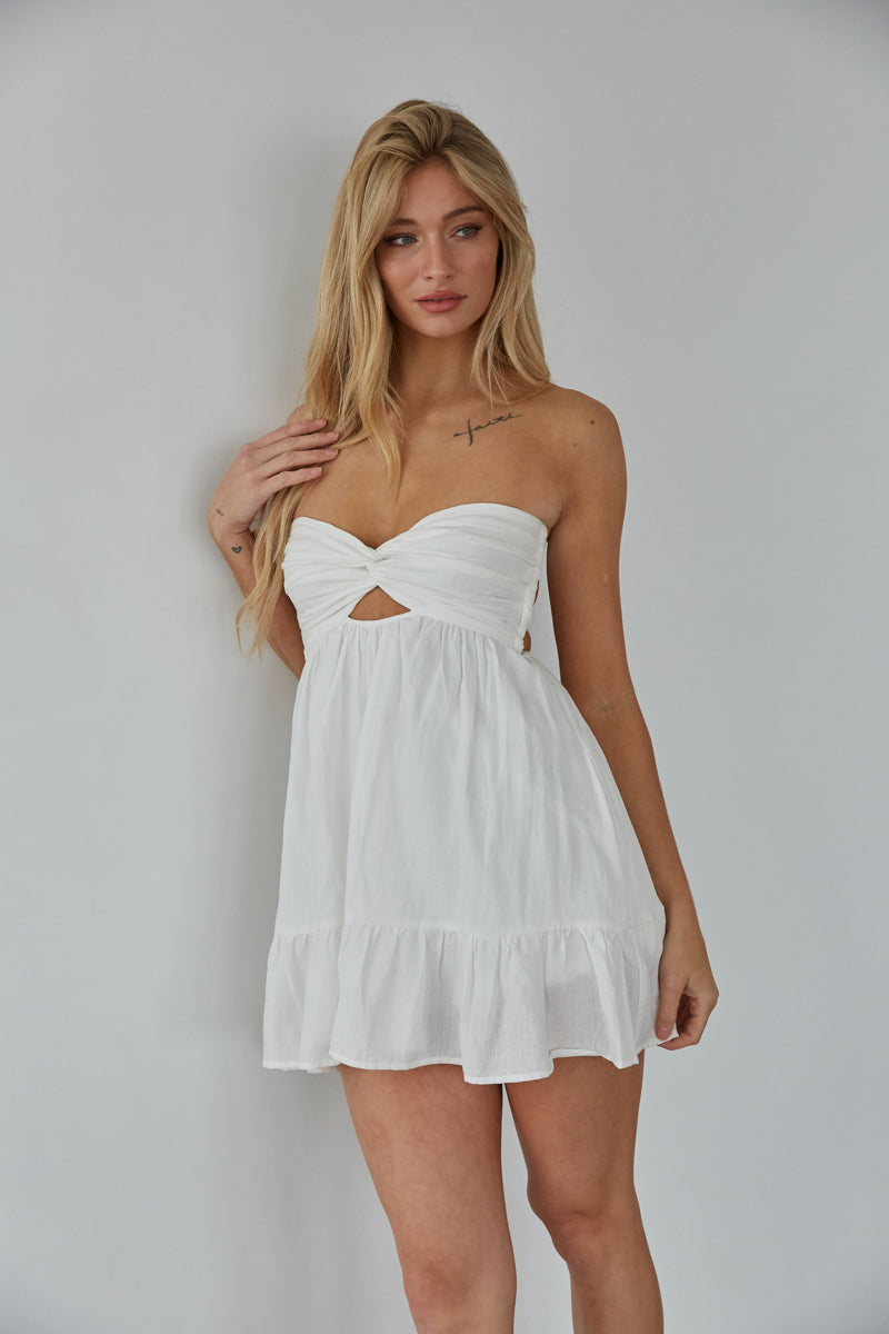 white strapless twist front romper - white graduation dress inspo - bridal vacation dress | white-image