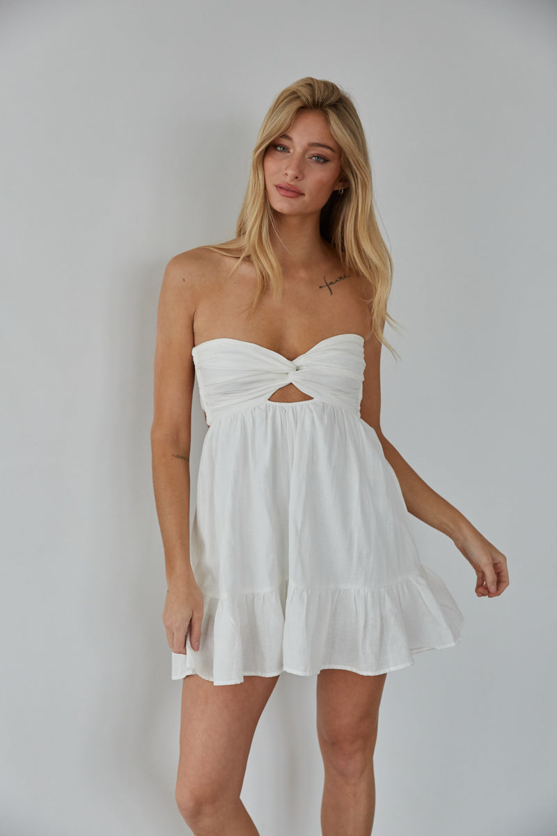 white strapless twist front romper - white keyhole dress with built in shorts - white summer outfit