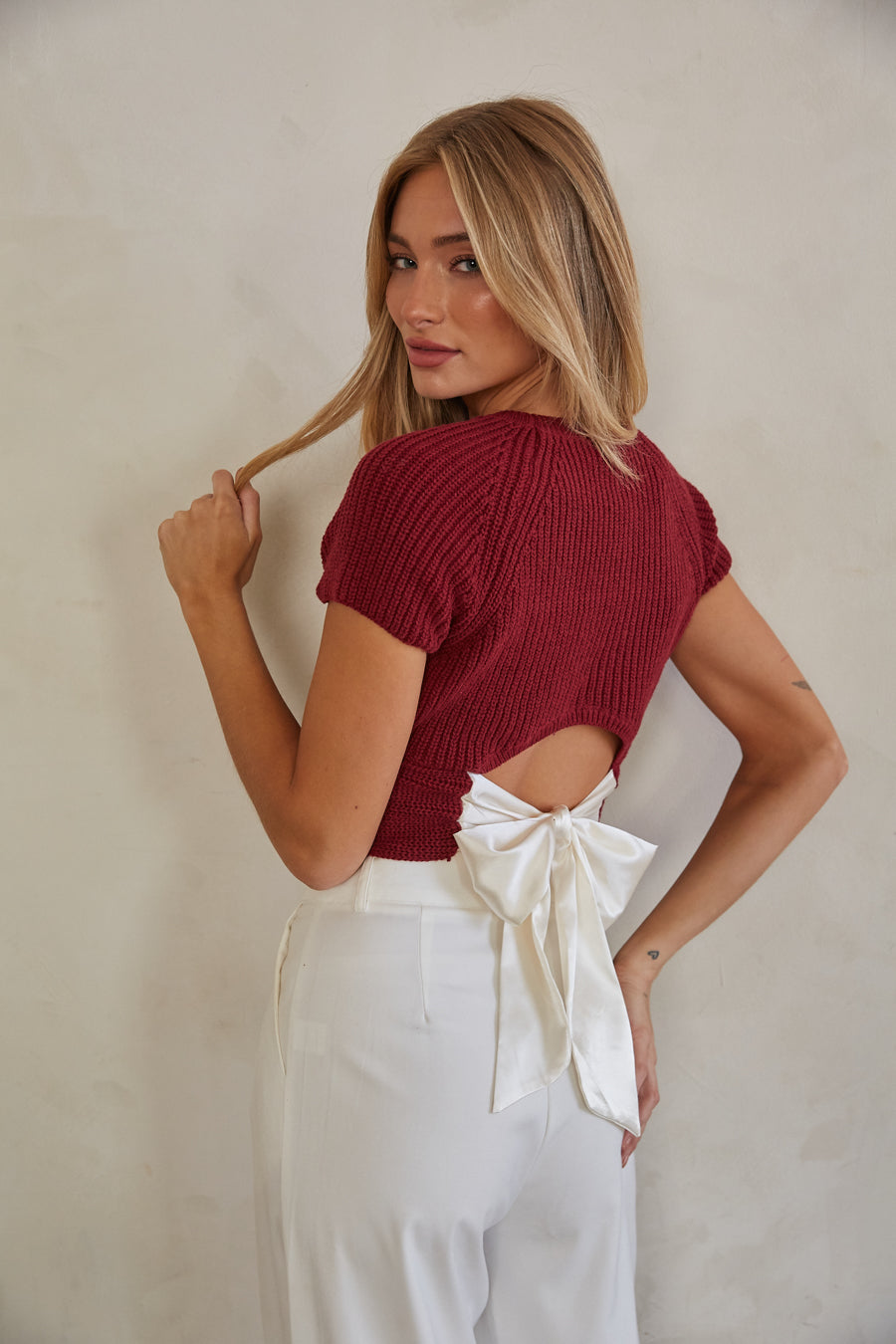 Scarlett Satin Tie Back Knit Top
