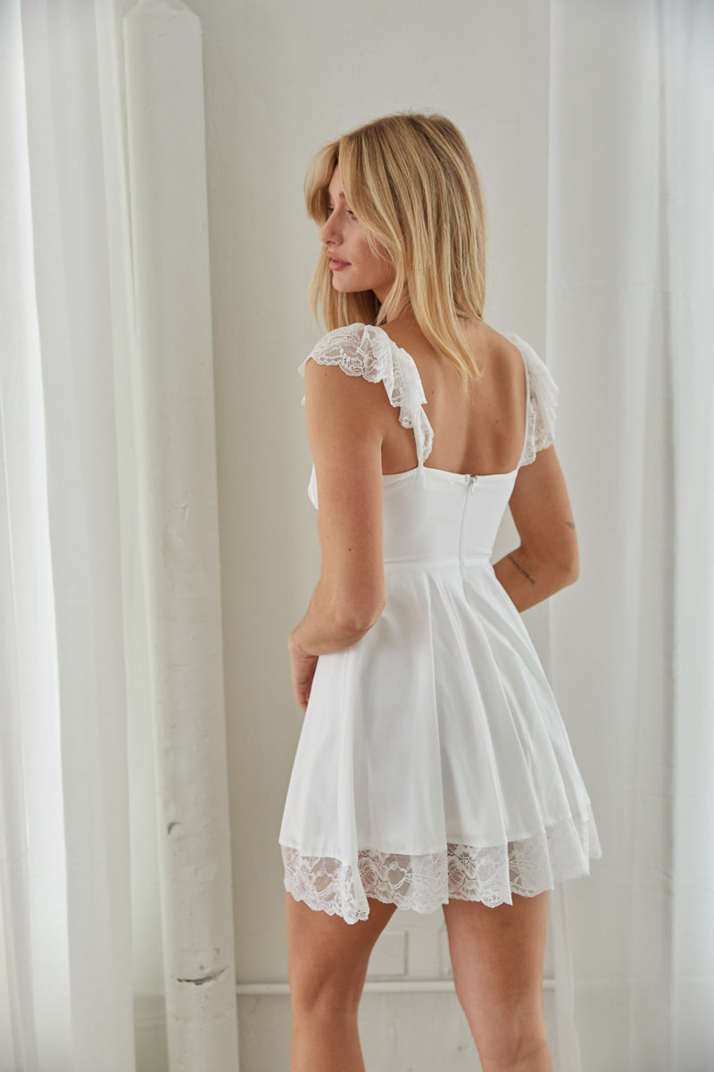 white lace trim ruffle mini dress - sorority rush babydoll dress - bridal shower outfit