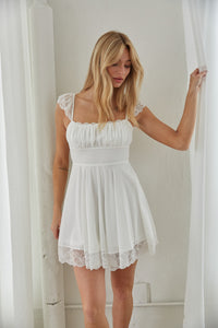 white lace hem babydoll mini dress - sorority rush dress - graduation dress - bridal shower outfit inspo