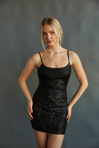black sparkly sequin cowl back bodycon mini dress | holiday cocktail dress collection 