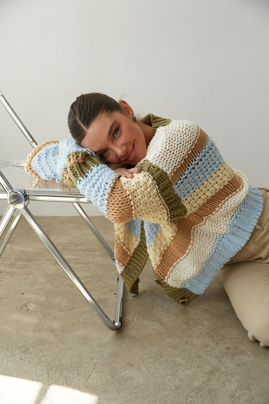 side view | green and blue chunky striped cardigan sweater