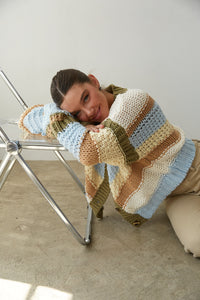 side view | green and blue chunky striped cardigan sweater