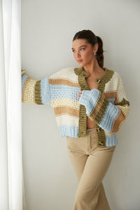 front view | green and blue chunky striped cardigan sweater