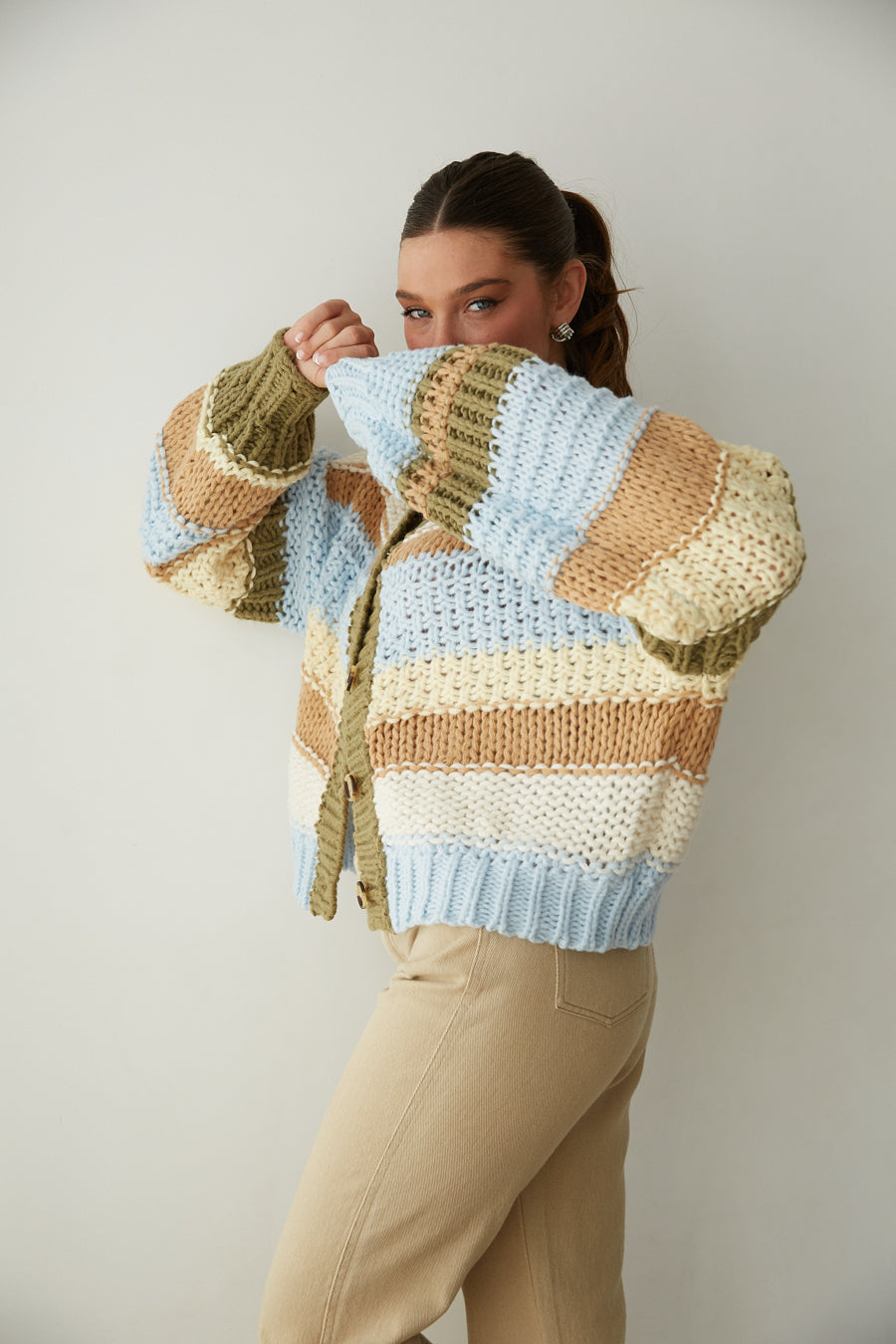 trendy green and blue chunky striped cardigan sweater | fall favorites