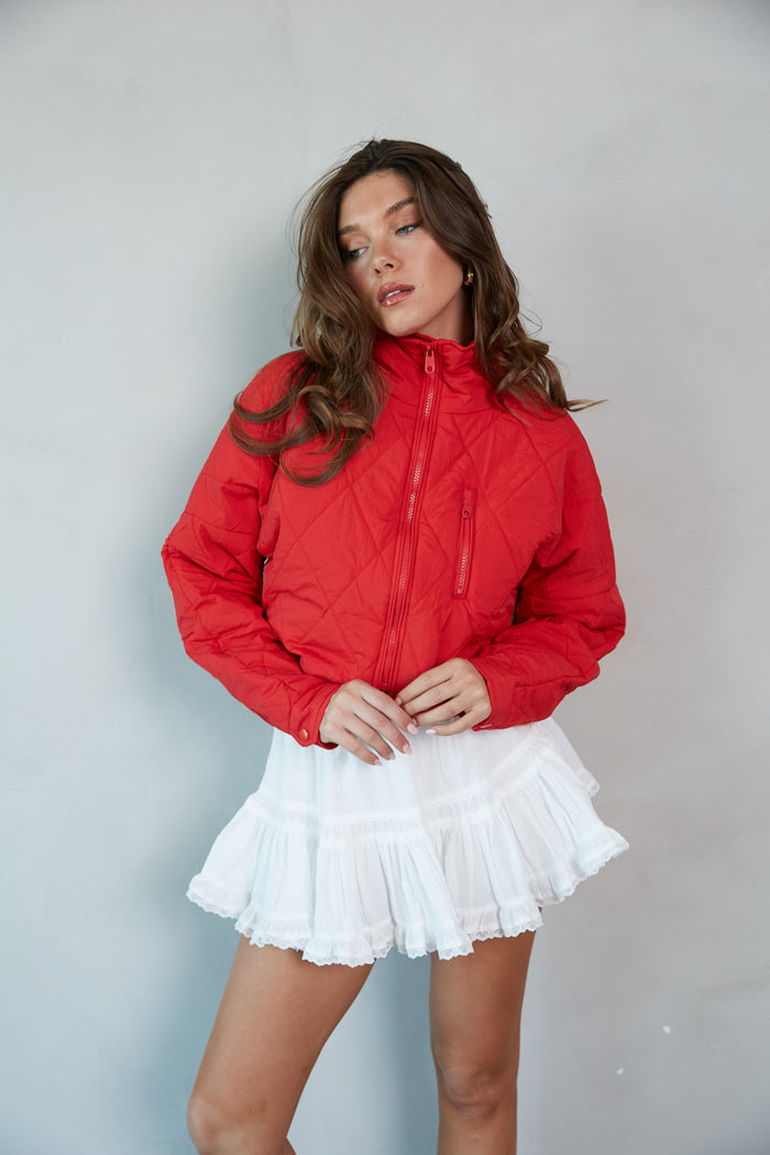 red-image | front-image | red quilted cropped mock neck zip up puffer jacket | red jacket | holiday jacket | casual jacket | everyday jacket | puffer jacket