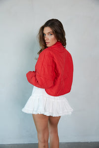 back-image | cropped puffer jacket | quilted jacket | tomato red jacket | stylish red jacket | mock neck jacket | warm puffer jacket