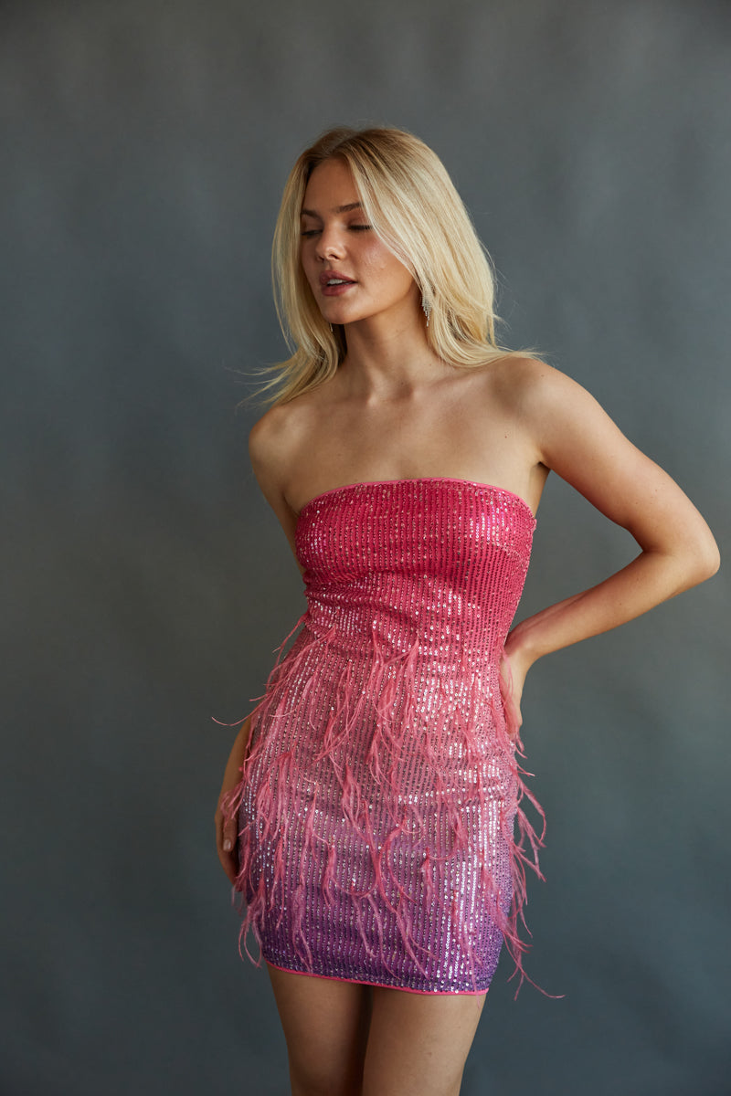 Sequin Lace-Bodice Homecoming Dress with Feathers Neon Pink / 00