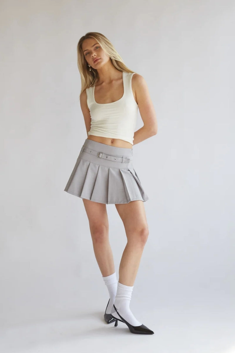 grey pleated mini skirt with detachable belt and fitted wait structure | 2024 wardrobe staples