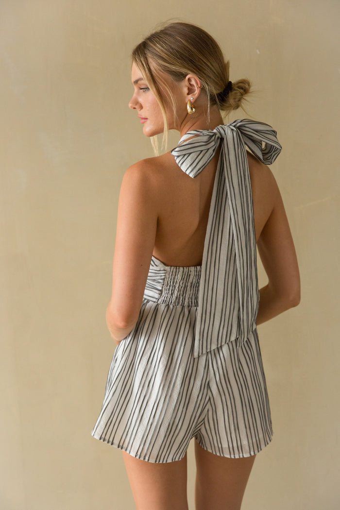 Solene Striped Linen Halter Romper • Shop American Threads Boutique