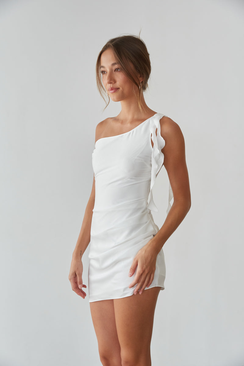 white asymmetrical hem mini dress