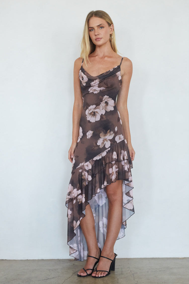 Stormi Mesh Floral Midi Dress, Brown / M