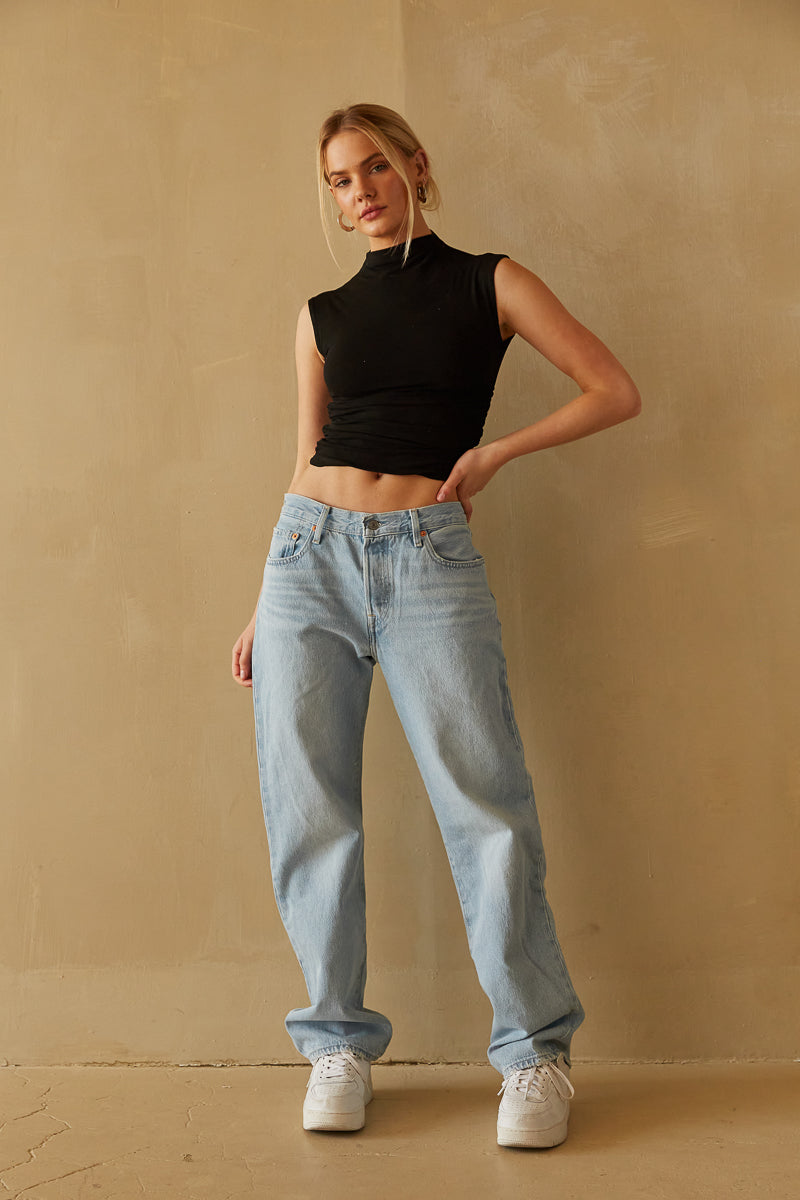 baby blue hazy dad jeans with long length - casual denim outfit 