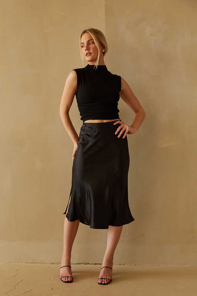 black satin flare slinky midi skirt with elastic band and side slit - holiday season must-haves