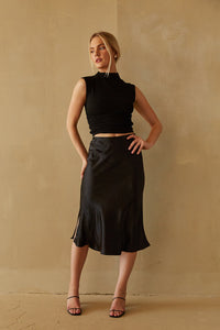 black satin flare slinky midi skirt with elastic band and side slit - holiday season must-haves
