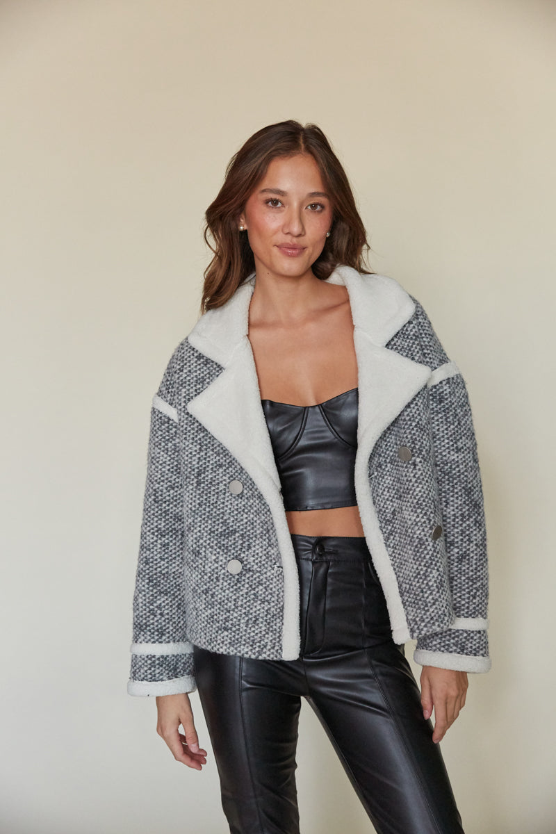 oversize gen z preppy fashion | fleece tweed jacket with sherpa trim collar and sleeves
