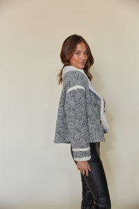 boxy super soft fleece tweed jacket with sherpa trim