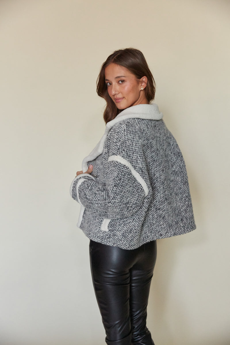fleece tweed jacket with sherpa trim | preppy winter jacket boutique